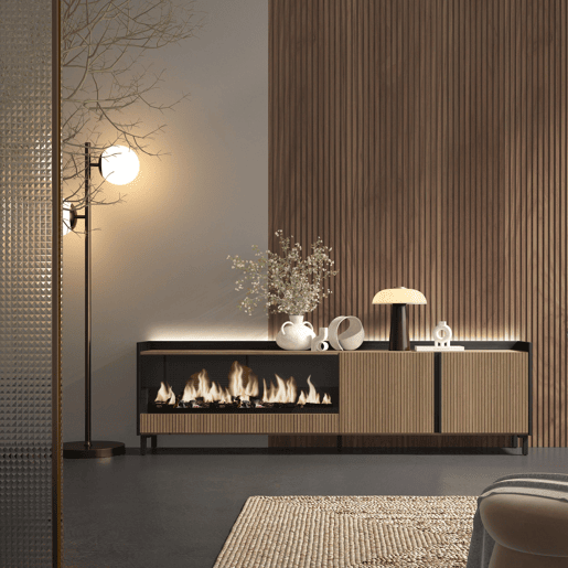 Móvel de TV, Muito espaço de arrumação, 212x35x61cm, Para televisores até 80, Lareira eléctrica XXL, Design industrial, Led, Estilo moderno, Carvalho e preto Móvel de TV, Muito espaço de arrumação, 212x35x61cm, Para televisores até 80, Lareira eléctrica XXL, Design industrial, Led, Estilo moderno, Carvalho e preto