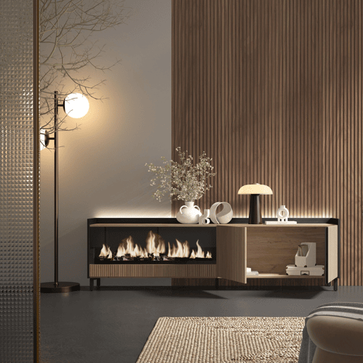 Móvel de TV, Muito espaço de arrumação, 212x35x61cm, Para televisores até 80, Lareira eléctrica XXL, Design industrial, Led, Estilo moderno, Carvalho e preto Móvel de TV, Muito espaço de arrumação, 212x35x61cm, Para televisores até 80, Lareira eléctrica XXL, Design industrial, Led, Estilo moderno, Carvalho e preto