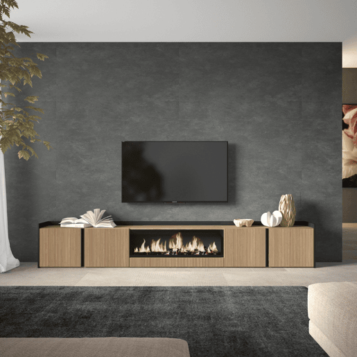 Móvel de TV, Muito espaço de arrumação, 315x35x50cm, Para televisores até 80, Lareira eléctrica XXL, Estilo moderno, Carvalho e preto