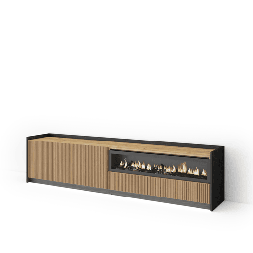 Móvel de TV, Muito espaço de arrumação, 207x37x50cm, Para televisores até 80, Lareira eléctrica, Led, Estilo moderno, Carvalho e preto Móvel de TV, Muito espaço de arrumação, 207x37x50cm, Para televisores até 80, Lareira eléctrica, Led, Estilo moderno, Carvalho e preto