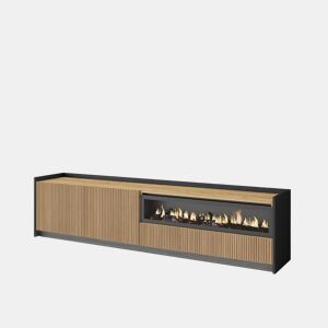 Móvel de TV, Muito espaço de arrumação, 207x37x50cm, Para televisores até 80, Lareira eléctrica, Led, Estilo moderno, Carvalho e preto