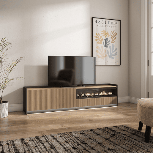 Móvel de TV, Muito espaço de arrumação, 207x37x50cm, Para televisores até 80, Lareira eléctrica, Led, Estilo moderno, Carvalho e preto Móvel de TV, Muito espaço de arrumação, 207x37x50cm, Para televisores até 80, Lareira eléctrica, Led, Estilo moderno, Carvalho e preto
