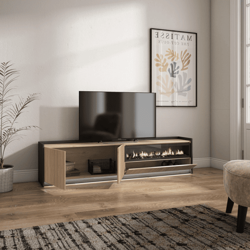 Móvel de TV, Muito espaço de arrumação, 207x37x50cm, Para televisores até 80, Lareira eléctrica, Led, Estilo moderno, Carvalho e preto Móvel de TV, Muito espaço de arrumação, 207x37x50cm, Para televisores até 80, Lareira eléctrica, Led, Estilo moderno, Carvalho e preto