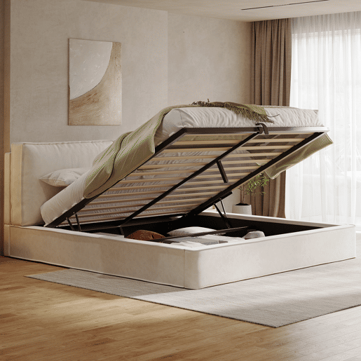 Cama de casal de tecido 160x200 cm com armazenamento,bege Cama de casal de tecido 160x200 cm com armazenamento,bege