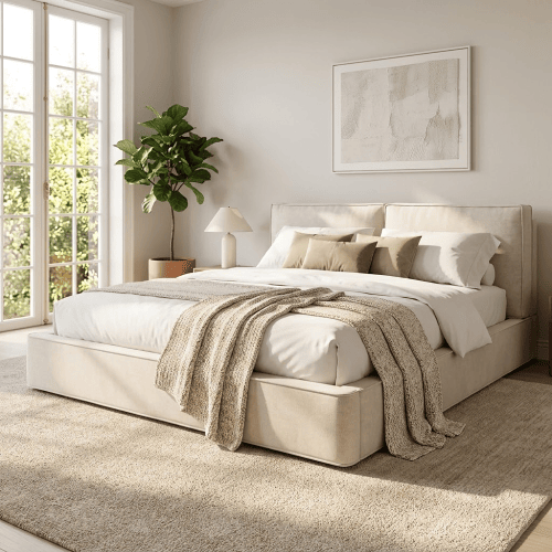 Cama de casal de tecido 160x200 cm com armazenamento,bege Cama de casal de tecido 160x200 cm com armazenamento,bege