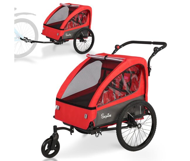 Sepnine bt920 remolque bicicleta infantil – 2 niños, plegable - rojo