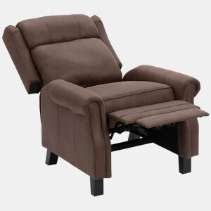 Poltrona reclinável manual Relax com abertura de até 155º, apoio para os pés, encosto alto e estofamento grosso na cor marrom.