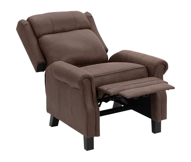 Sillón relax reclinable manual hasta 155o apertura push con reposapiés respaldo alto acolchado grueso marrón