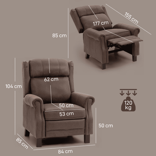 Poltrona reclinável manual Relax com abertura de até 155º, apoio para os pés, encosto alto e estofamento grosso na cor marrom. Poltrona reclinável manual Relax com abertura de até 155º, apoio para os pés, encosto alto e estofamento grosso na cor marrom.
