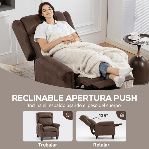 Poltrona reclinável manual Relax com abertura de até 155º, apoio para os pés, encosto alto e estofamento grosso na cor marrom. Poltrona reclinável manual Relax com abertura de até 155º, apoio para os pés, encosto alto e estofamento grosso na cor marrom.