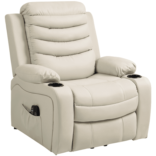 Poltrona elétrica reclinável com massagem vibratória e aquecimento, porta USB, controle remoto, cor creme.