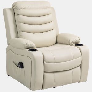 Poltrona elétrica reclinável com massagem vibratória e aquecimento, porta USB, controle remoto, cor creme.