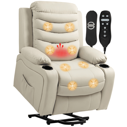 Poltrona elétrica reclinável com massagem vibratória e aquecimento, porta USB, controle remoto, cor creme.