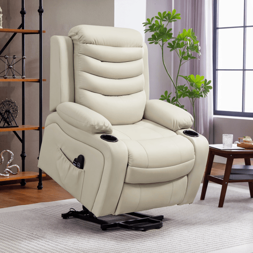 Poltrona elétrica reclinável com massagem vibratória e aquecimento, porta USB, controle remoto, cor creme.