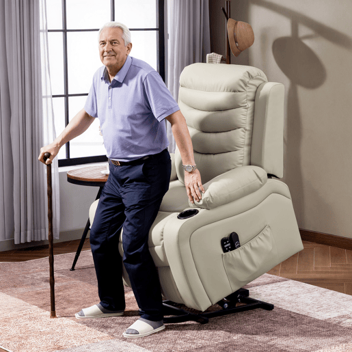 Poltrona elétrica reclinável com massagem vibratória e aquecimento, porta USB, controle remoto, cor creme.