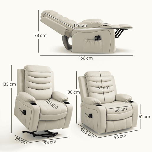 Poltrona elétrica reclinável com massagem vibratória e aquecimento, porta USB, controle remoto, cor creme.
