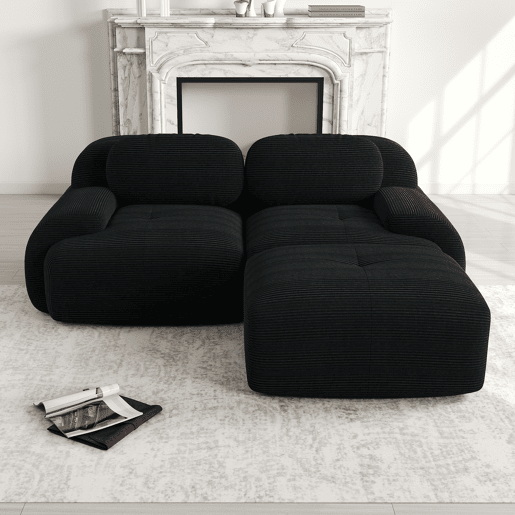 MEUBLES COSY Sofá modular de canto em veludo cotelê com chaise longue sofá sem estrutura com braços curvos e espuma de alta densidade para sala estilo moderno 208x178x75cm Preto MEUBLES COSY Sofá modular de canto em veludo cotelê com chaise longue sofá sem estrutura com braços curvos e espuma de alta densidade para sala estilo moderno 208x178x75cm Preto