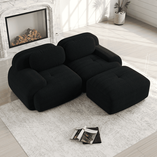 MEUBLES COSY Sofá modular de canto em veludo cotelê com chaise longue sofá sem estrutura com braços curvos e espuma de alta densidade para sala estilo moderno 208x178x75cm Preto MEUBLES COSY Sofá modular de canto em veludo cotelê com chaise longue sofá sem estrutura com braços curvos e espuma de alta densidade para sala estilo moderno 208x178x75cm Preto