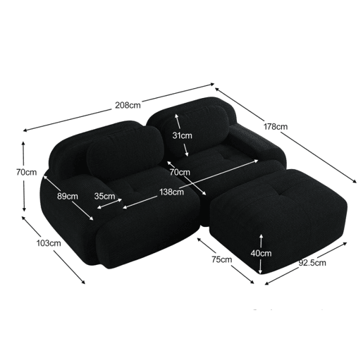MEUBLES COSY Sofá modular de canto em veludo cotelê com chaise longue sofá sem estrutura com braços curvos e espuma de alta densidade para sala estilo moderno 208x178x75cm Preto MEUBLES COSY Sofá modular de canto em veludo cotelê com chaise longue sofá sem estrutura com braços curvos e espuma de alta densidade para sala estilo moderno 208x178x75cm Preto