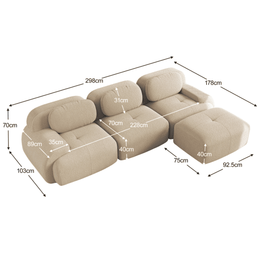 MEUBLES COSY Sofá modular de 3 lugares em veludo cotelê loveseat sem estrutura com braços curvos e espuma de alta densidade com chaise longue para sala estilo moderno 298x178x75cm Bege MEUBLES COSY Sofá modular de 3 lugares em veludo cotelê loveseat sem estrutura com braços curvos e espuma de alta densidade com chaise longue para sala estilo moderno 298x178x75cm Bege