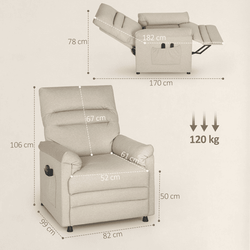 Poltrona elétrica reclinável Relax com aquecimento lombar, massagem, vibração, motor silencioso, função de memória, bege Poltrona elétrica reclinável Relax com aquecimento lombar, massagem, vibração, motor silencioso, função de memória, bege