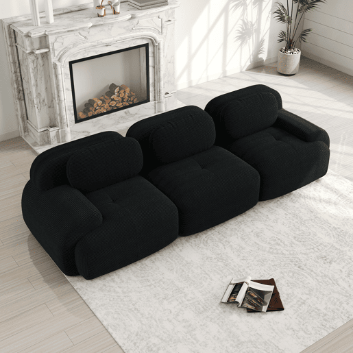MEUBLES COSY Sofá modular de 3 lugares em veludo cotelê loveseat sem estrutura com braços curvos e espuma de alta densidade para sala estilo moderno 298x103x75cm Preto MEUBLES COSY Sofá modular de 3 lugares em veludo cotelê loveseat sem estrutura com braços curvos e espuma de alta densidade para sala estilo moderno 298x103x75cm Preto