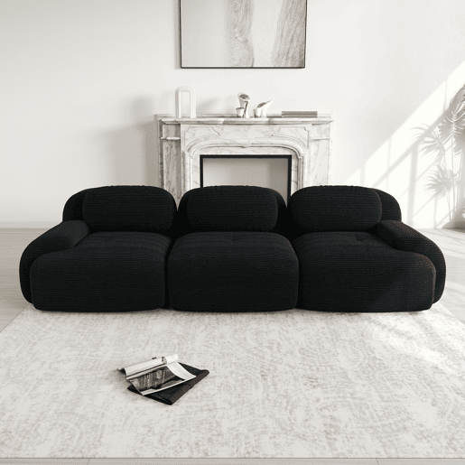 MEUBLES COSY Sofá modular de 3 lugares em veludo cotelê loveseat sem estrutura com braços curvos e espuma de alta densidade para sala estilo moderno 298x103x75cm Preto MEUBLES COSY Sofá modular de 3 lugares em veludo cotelê loveseat sem estrutura com braços curvos e espuma de alta densidade para sala estilo moderno 298x103x75cm Preto