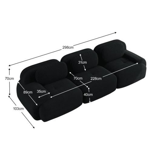 MEUBLES COSY Sofá modular de 3 lugares em veludo cotelê loveseat sem estrutura com braços curvos e espuma de alta densidade para sala estilo moderno 298x103x75cm Preto MEUBLES COSY Sofá modular de 3 lugares em veludo cotelê loveseat sem estrutura com braços curvos e espuma de alta densidade para sala estilo moderno 298x103x75cm Preto