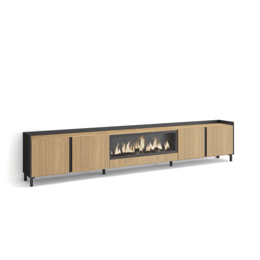 Móvel de TV, Muito espaço de arrumação, 315x35x61cm, Para televisores até 80, Lareira eléctrica XXL, Design industrial, Estilo moderno, Carvalho e preto