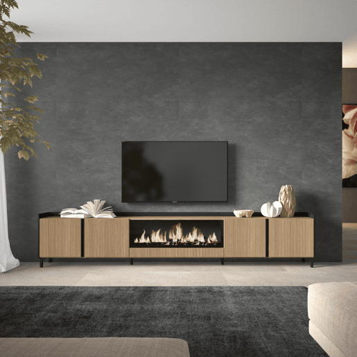 Móvel de TV, Muito espaço de arrumação, 315x35x61cm, Para televisores até 80, Lareira eléctrica XXL, Design industrial, Estilo moderno, Carvalho e preto