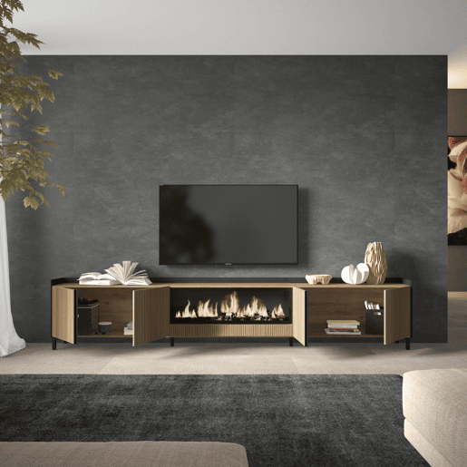 Móvel de TV, Muito espaço de arrumação, 315x35x61cm, Para televisores até 80, Lareira eléctrica XXL, Design industrial, Estilo moderno, Carvalho e preto