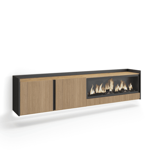 Móvel de TV, Muito espaço de arrumação, 212x35x50cm, Para televisores até 80, Lareira eléctrica XXL, Suspensos, Led, Estilo moderno, Carvalho e preto