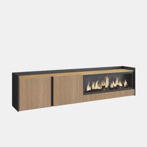 Móvel de TV, Muito espaço de arrumação, 212x35x50cm, Para televisores até 80, Lareira eléctrica XXL, Suspensos, Led, Estilo moderno, Carvalho e preto