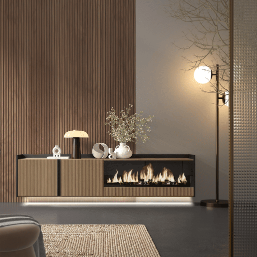 Móvel de TV, Muito espaço de arrumação, 212x35x50cm, Para televisores até 80, Lareira eléctrica XXL, Suspensos, Led, Estilo moderno, Carvalho e preto