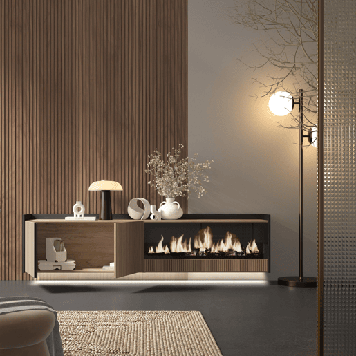 Móvel de TV, Muito espaço de arrumação, 212x35x50cm, Para televisores até 80, Lareira eléctrica XXL, Suspensos, Led, Estilo moderno, Carvalho e preto
