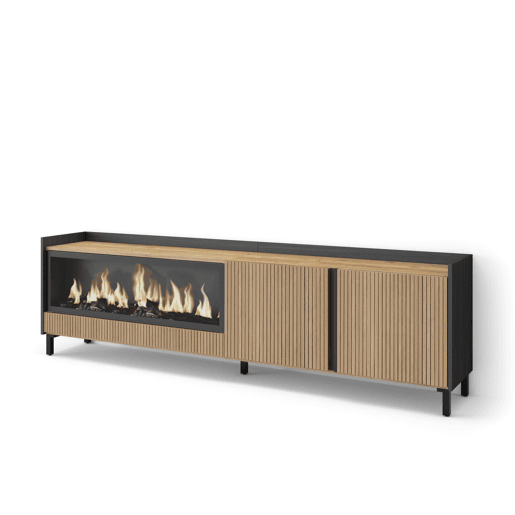 Móvel de TV, Muito espaço de arrumação, 212x35x61cm, Para televisores até 80, Lareira eléctrica XXL, Design industrial, Estilo moderno, Carvalho e preto Móvel de TV, Muito espaço de arrumação, 212x35x61cm, Para televisores até 80, Lareira eléctrica XXL, Design industrial, Estilo moderno, Carvalho e preto