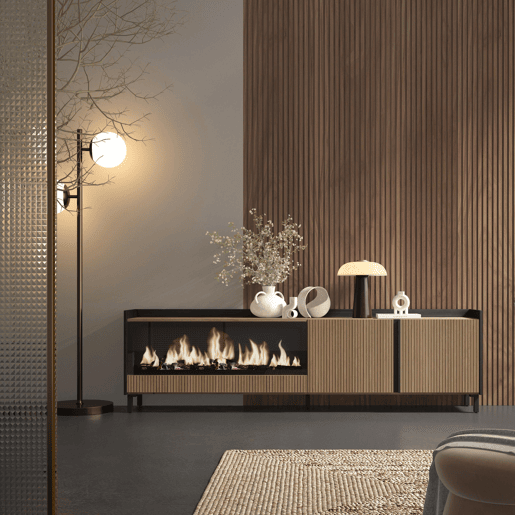 Móvel de TV, Muito espaço de arrumação, 212x35x61cm, Para televisores até 80, Lareira eléctrica XXL, Design industrial, Estilo moderno, Carvalho e preto Móvel de TV, Muito espaço de arrumação, 212x35x61cm, Para televisores até 80, Lareira eléctrica XXL, Design industrial, Estilo moderno, Carvalho e preto