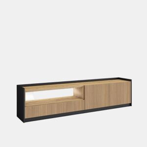 Móvel de TV, Muito espaço de arrumação, 207x37x50cm, Para televisores até 80, Led, Estilo moderno, Carvalho e preto