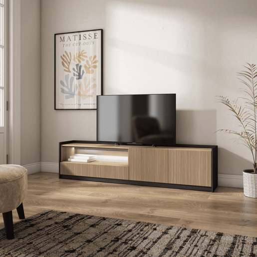 Móvel de TV, Muito espaço de arrumação, 207x37x50cm, Para televisores até 80, Led, Estilo moderno, Carvalho e preto Móvel de TV, Muito espaço de arrumação, 207x37x50cm, Para televisores até 80, Led, Estilo moderno, Carvalho e preto