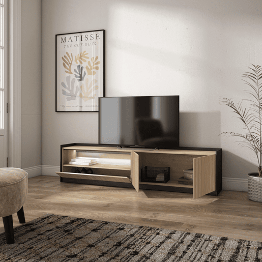 Móvel de TV, Muito espaço de arrumação, 207x37x50cm, Para televisores até 80, Led, Estilo moderno, Carvalho e preto Móvel de TV, Muito espaço de arrumação, 207x37x50cm, Para televisores até 80, Led, Estilo moderno, Carvalho e preto