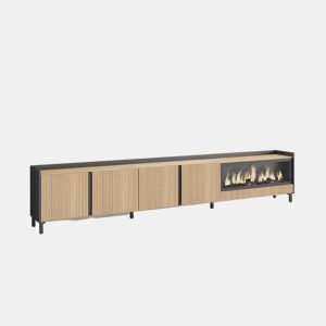 Móvel de TV, Muito espaço de arrumação, 315x35x61cm, Para televisores até 80, Lareira eléctrica XXL, Design industrial, Led, Estilo moderno, Carvalho e preto