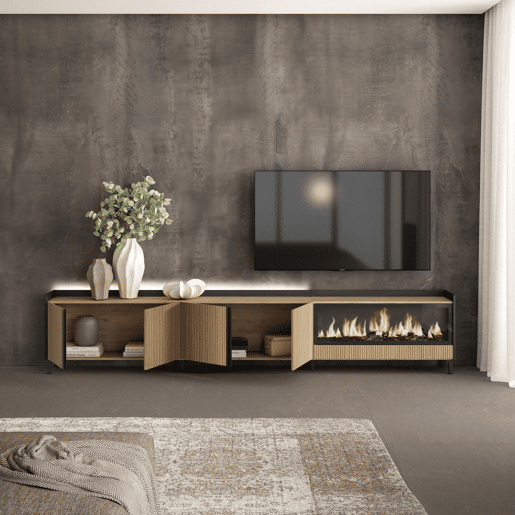 Móvel de TV, Muito espaço de arrumação, 315x35x61cm, Para televisores até 80, Lareira eléctrica XXL, Design industrial, Led, Estilo moderno, Carvalho e preto Móvel de TV, Muito espaço de arrumação, 315x35x61cm, Para televisores até 80, Lareira eléctrica XXL, Design industrial, Led, Estilo moderno, Carvalho e preto