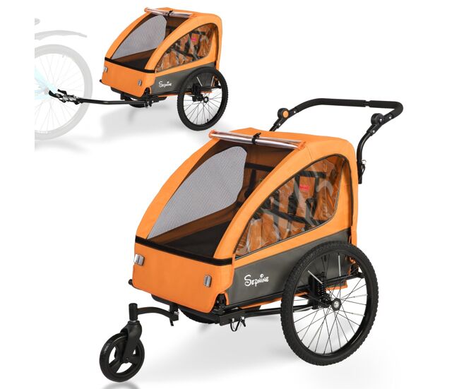 Sepnine bt920 remolque bicicleta infantil – 2 niños, plegable - naranja