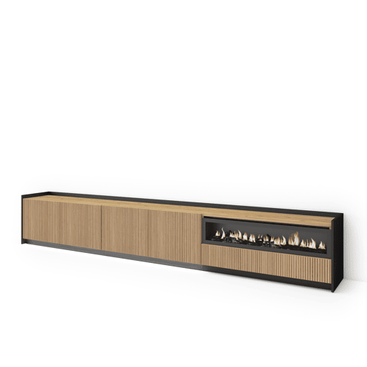 Móvel de TV, Muito espaço de arrumação, 310x37x50cm, Para televisores até 80, Lareira eléctrica, Led, Estilo moderno, Carvalho e preto