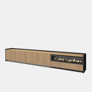Móvel de TV, Muito espaço de arrumação, 310x37x50cm, Para televisores até 80, Lareira eléctrica, Led, Estilo moderno, Carvalho e preto