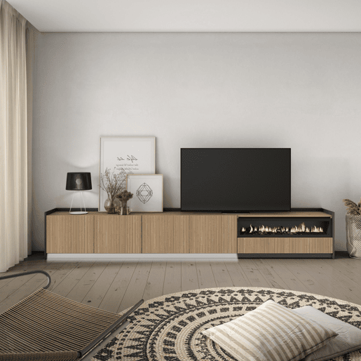 Móvel de TV, Muito espaço de arrumação, 310x37x50cm, Para televisores até 80, Lareira eléctrica, Led, Estilo moderno, Carvalho e preto