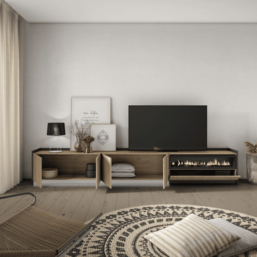 Móvel de TV, Muito espaço de arrumação, 310x37x50cm, Para televisores até 80, Lareira eléctrica, Led, Estilo moderno, Carvalho e preto