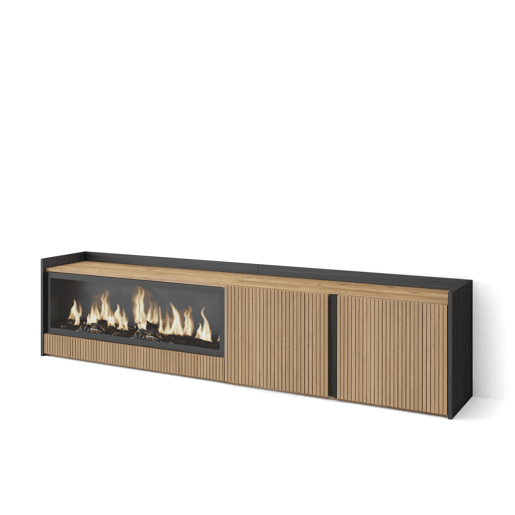 Móvel de TV, Muito espaço de arrumação, 212x35x50cm, Para televisores até 80, Lareira eléctrica XXL, Estilo moderno, Carvalho e preto