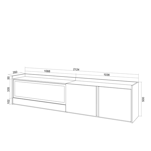 Móvel de TV, Muito espaço de arrumação, 212x35x50cm, Para televisores até 80, Lareira eléctrica XXL, Estilo moderno, Carvalho e preto