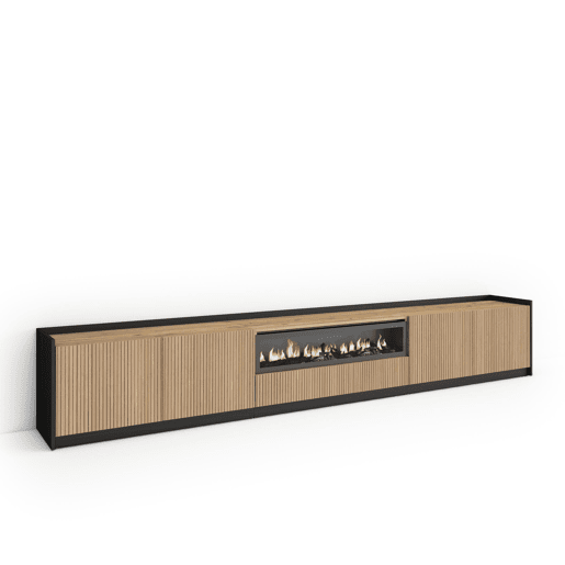 Móvel de TV, Muito espaço de arrumação, 310x37x50cm, Para televisores até 80, Lareira eléctrica, Estilo moderno, Carvalho e preto Móvel de TV, Muito espaço de arrumação, 310x37x50cm, Para televisores até 80, Lareira eléctrica, Estilo moderno, Carvalho e preto
